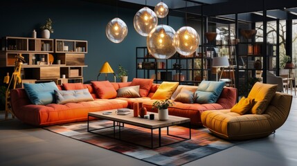 Generative AI: Scandinavian Sofas, Colorful, Minimalist Showroom Display with Modern Design, Comfortable Seating, and Trendsetting Style in Various Colors and Materials