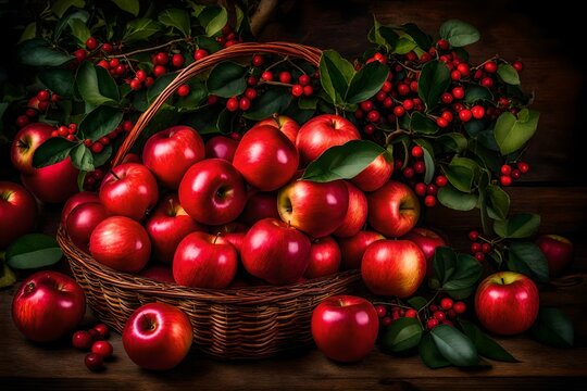 red apple in basket, Apples, Fruits, Red image. Apples glisten in the soft sunlight, their ruby-red skin appearing almost translucent