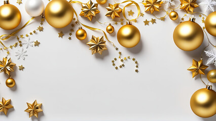 Fototapeta na wymiar Gold Christmas Ornaments on a Shimmering Silver and White Background