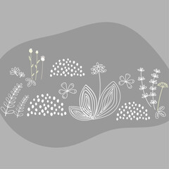 picture with plants in a primitive style, drawn with white lines on a gray background