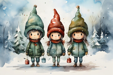 Winter banner with cute christmas elves or children in snowy forest with trees and snow, illustration in watercolor style. Funny cartoon characters.