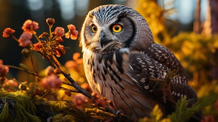 During sunset a northern hawk owl perched on a pine