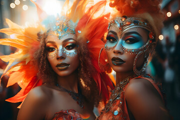Beautiful closeup portrait of two young womans in traditional Samba Dance outfit and makeup for the...