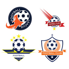 Naklejka premium Football sport club badge and soccer game competition symbol set. Soccer ball with winner cup or champion trophy on heraldic shield with flame, laurel wreath, winged boots and star for football