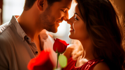 Intimate couple with rose, warm indoor lighting, love theme.
 - obrazy, fototapety, plakaty