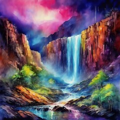 night landscape with waterfall, contemporary art, intense, stylized, detailed, high resolution
