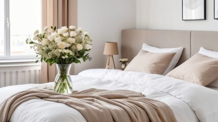 Contemporary modern bedroom interior design simple, minimalist Earthy cream linens, pillows, a vase of flowers, natural light, bedroom arrangement, beautiful design elements.