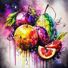 Obraz na płótnie Canvas watercolor painting of fruits, contemporary art, intense, stylized, detailed, high resolution