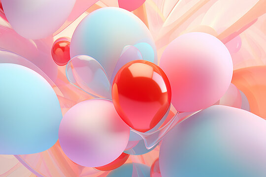 floating balloons in the sky.  Whimsical pastel delights soft color balls. Abstract digital Illustration of soft color matt 3D balloons. AI-generated image.