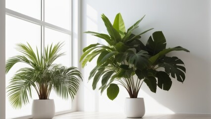 Monstera leaves, a beautiful tropical native with the freshness of natural leaves. The background wall has a sun shadow on a white copy space wall for displaying products.