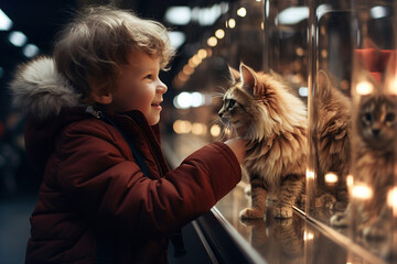 A little girl looking at a display with cats in pet store. - obrazy, fototapety, plakaty