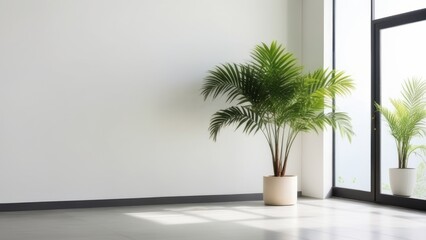 Monstera leaves, a beautiful tropical native with the freshness of natural leaves. The background wall has a sun shadow on a white copy space wall for displaying products.