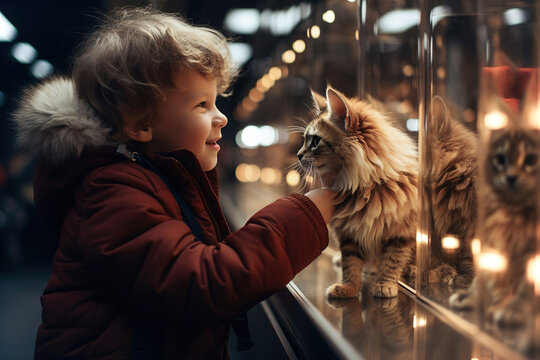 A little girl looking at a display with cats in pet store.