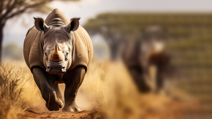 A rhino is running in the hot and dusty savanna