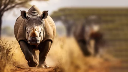 Muurstickers A rhino is running in the hot and dusty savanna © pariketan