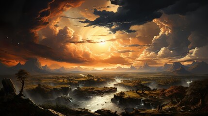 Fototapeta premium The sun breaks through the clouds in the sky. Generative Al