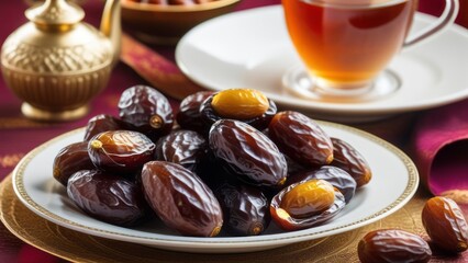 dried dates, fruits that are beneficial to health Healthy, sweet, refreshing, organic vegetarian food, a miracle fruit from the Arabian land. Middle East breaking the fast in Ramadan - obrazy, fototapety, plakaty