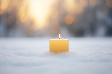 A burning candle of pale yellow color close-up standing on fluffy snow-white snow