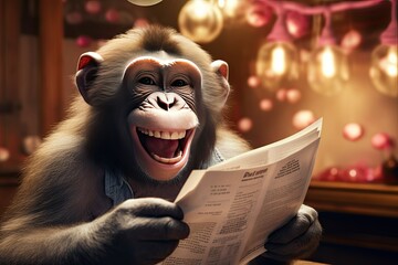 Monkey holding a newspaper in his hands and laughing - Powered by Adobe