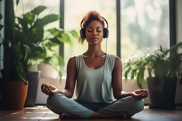 Ingelijste posters Meditation, headphones and woman in home wellness, mental health or yoga podcast in living room. streaming and african person meditate, holistic exercise and peace or lotus pose. generative AI © yj