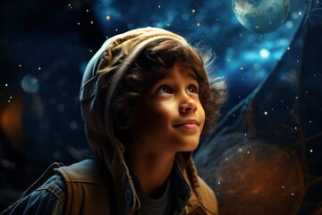 kid looking up at the stars and galaxy