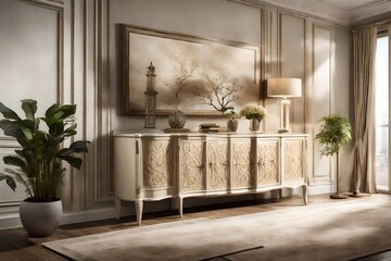 A stylish cream-colored sideboard adorned with subtle decorative accents, enhancing the elegance of a meticulously designed living room interior.