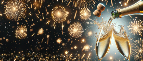 Sparkling champagne pouring into glasses from a bottle. Golden fireworksand lights. New Years banner background - obrazy, fototapety, plakaty