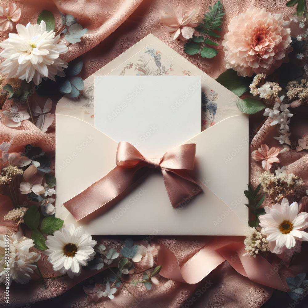 Poster beautiful background from an envelope with a ribbon, flowers and a blank sheet for inscriptions. ai 