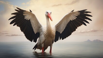 white stork in the water - obrazy, fototapety, plakaty