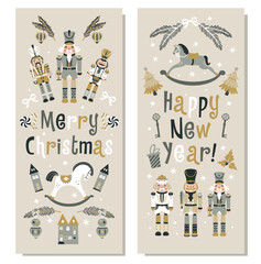 Happy New Year Nutcrackers Vector banners set on Light Background. Postcard. Childish rocking horses. Christmas illustration.