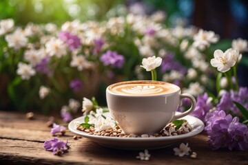 Obraz na płótnie Canvas Beautiful Cappuccino on a Wooden Table with Spring Flowers. ai generative