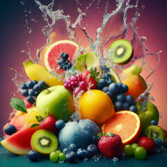 Close up Beautiful water splash from various fruits on a beautiful color background. ai generative