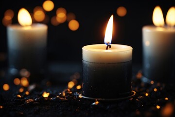 Close up photo of lit candle on black background. ai generative