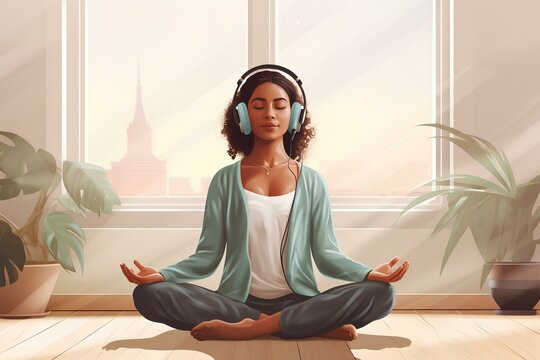 Meditation, headphones and woman in home wellness, mental health or yoga in living room. african person meditate, holistic exercise and peace or lotus. 2D cartoon style illustration. generative AI
