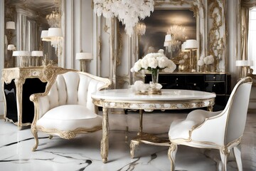 A pearl white chair beside a glossy onyx table in an opulent, luxurious setting.