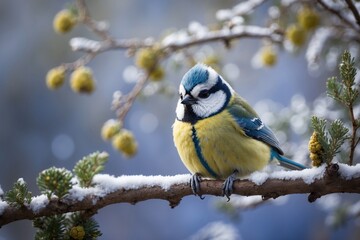 Obraz premium In winter branches there is a perched Cyanistes caeruleus commonly known as a blue tit. ai generative
