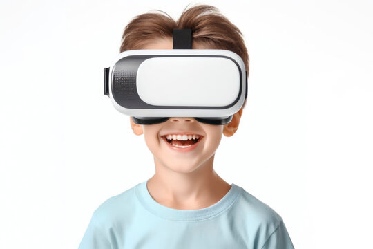 Happy kid with VR glasses on his head wearing light blue t-shirt isolated on white background. ai generative