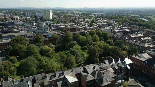 Preston, Lancashire, UK, September 06, 2023; high aspect aerial view over historical Winckley Square and the town cityscape of Preston, Lancashire, England