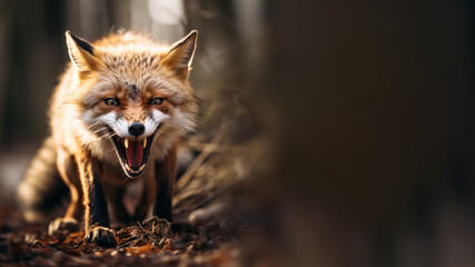 A portrait of an angry fox in a forest - obrazy, fototapety, plakaty
