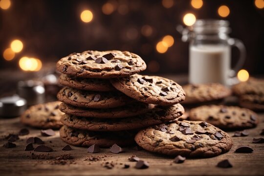 On a rustic table backdrop there are cocoa infused chocolate chip cookies made from scratch. ai generative
