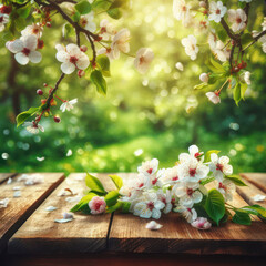 spring time background with wooden planks in the garden, blossoms on a table in a beautiful green garden. ai generative