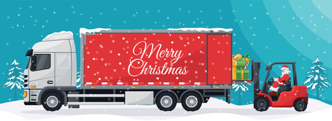 Santa Claus driving a forklift. Loading gifts to container truck. Christmas landscape. Christmas campaign for cargo logistics and shipping of high demand merchandise for the Christmas season