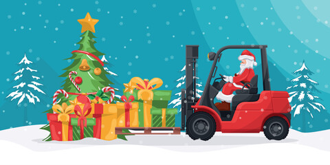 Santa Claus driving a forklift loading gifts on a snowy Christmas winter night. Christmas campaign for cargo logistics and shipping of high demand merchandise for the Christmas season © Ipajoel