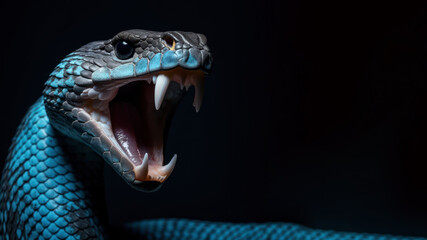 Blue snake with open mouth ready to attack isolated on gray background