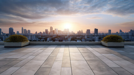 Empty floor tiles foreground and distant city sunset scenery