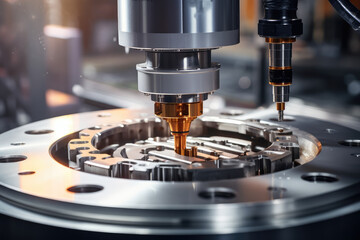 Close-up of precision machining of factory machine tools - obrazy, fototapety, plakaty