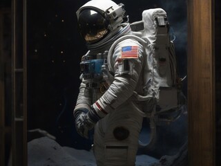 Astronaut in the outer space, looking through the window.