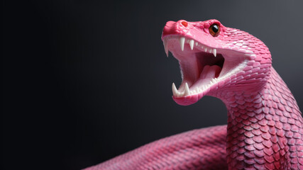Fototapeta premium Pink snake open mouth ready to attack isolated on gray background