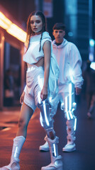 Young beautiful people walking in the street wearing white neon digital futuristic clothes of digital fashion in augmented reality. AI Generative