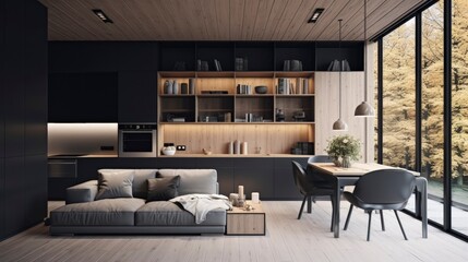 Generative AI: Scandinavian Minimalism: Elegant Black Matte and Wood Interior, Bright Spaces with Modern Aesthetics, Cozy Furnishings, and Serene Ambiance
